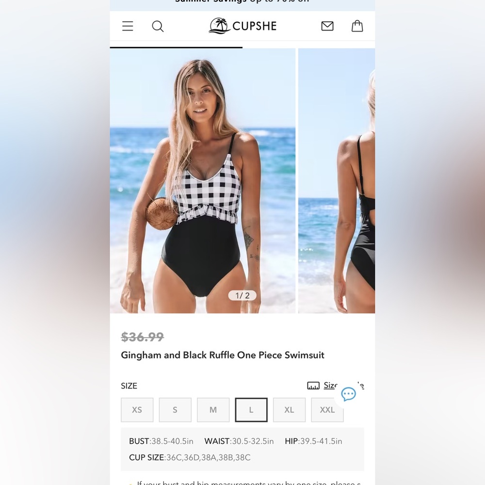Cupshe White Gingham and Black Ruffle One Piece Swimsuit. Size Large